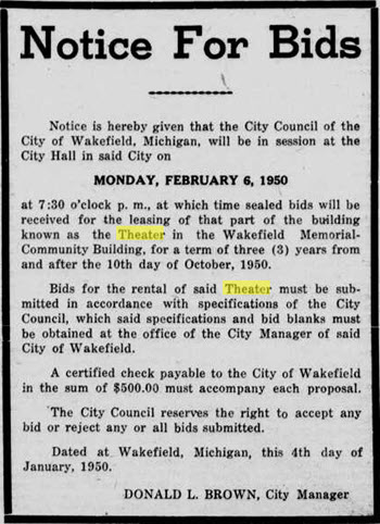Wakefield Theatre - Jan 13 1950 Rental Of Theater Up For Bid (newer photo)